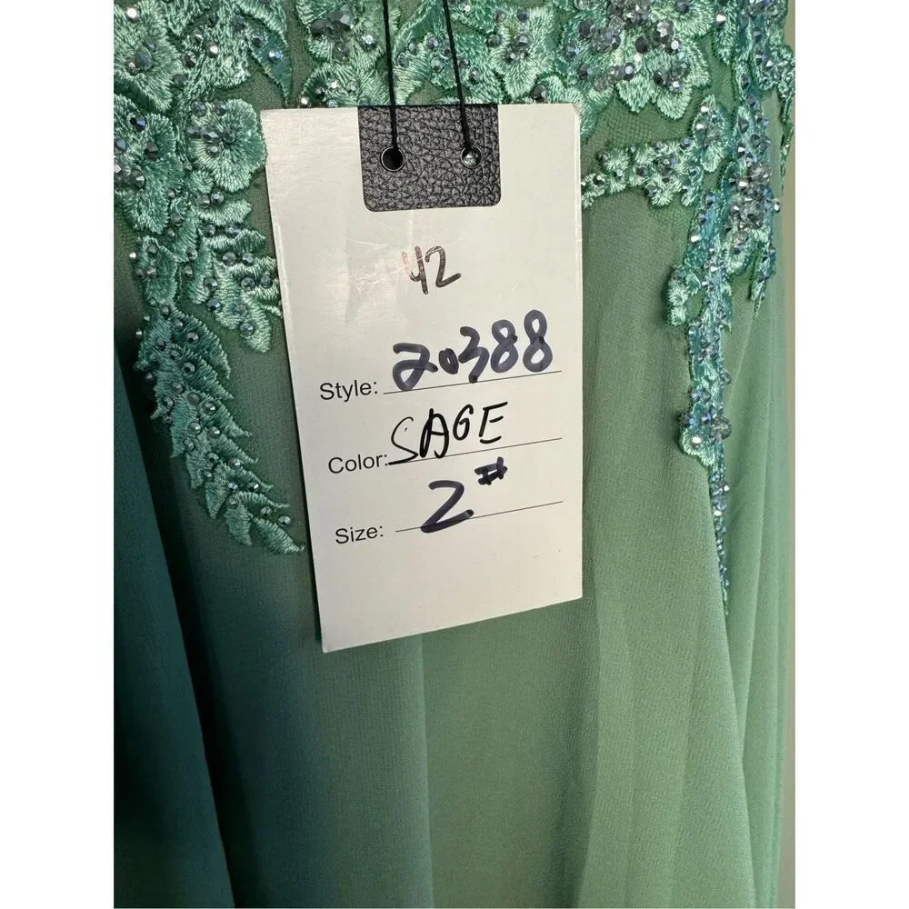 Mac Duggal Mint Green Lace Appliqué Long Sleeve Maxi Dress - Picture 3 of 6